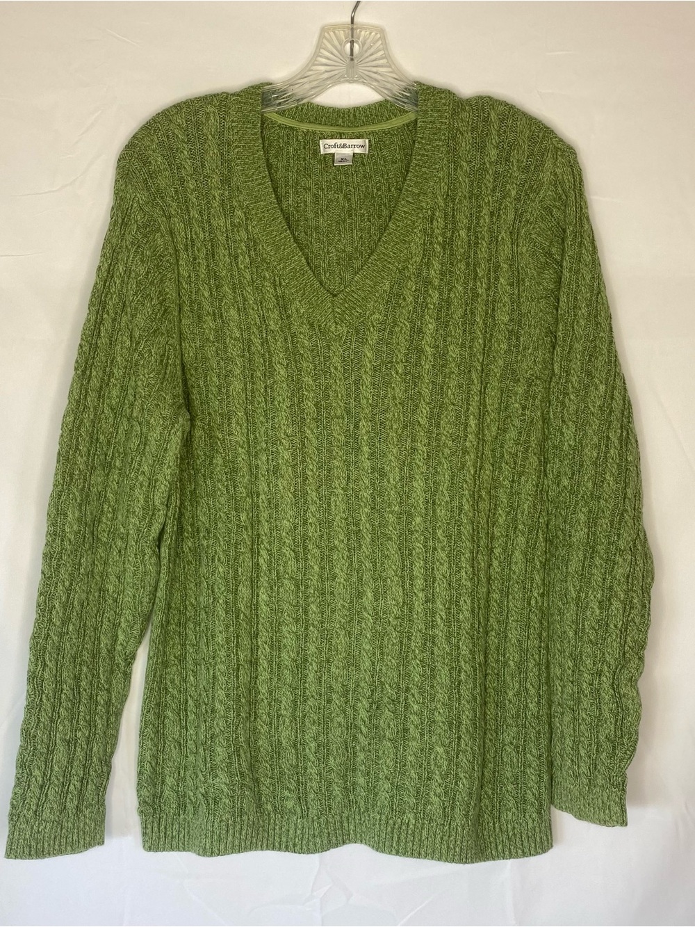 CROFT & BARROW MINT GREEN SWEATER V-NECK CABLE KNIT LONG SLEEVE SZ XL COTTON